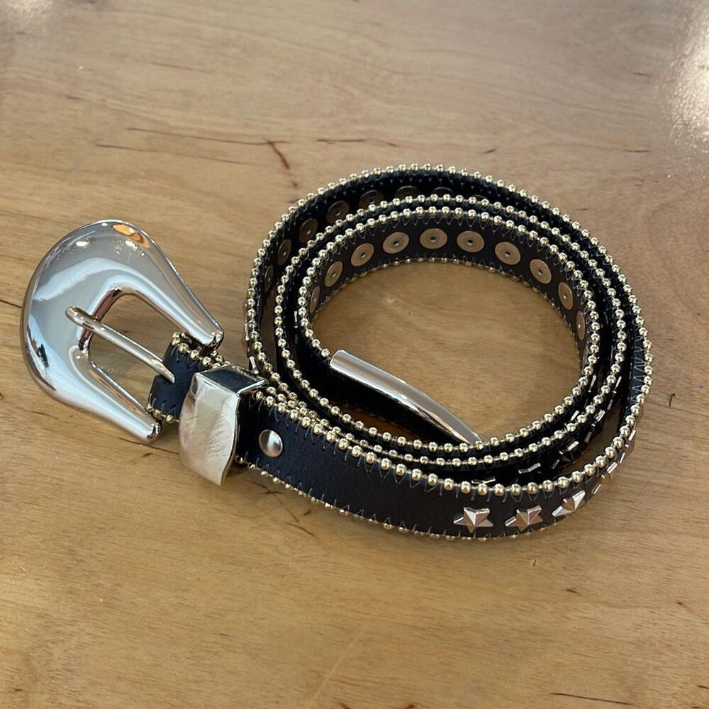 B-low The Belt Womens Leather Star Embellished Adjustable Belt Black Gold Small